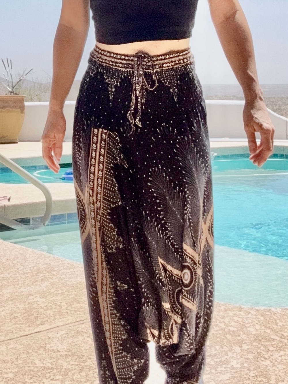 Black Patterned Drawstring Harem Pants